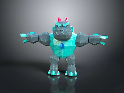 3D Geometric Style Character with Red Horns Blue Eyes Gray Body and Blue Chest Gem 3d model