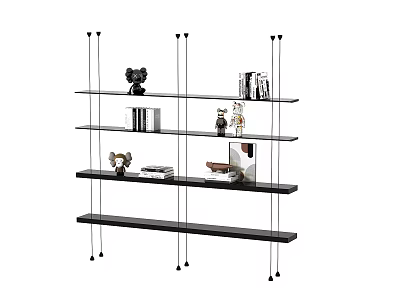 Modern Minimalist Bookshelf With Suspended Black Shelves Decorative Items And Books 3d model