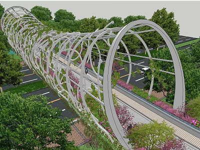 Scenic Landscape Bridge with Curved Steel Frame and Pink Flowers Over Road 3d model