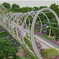 Scenic Landscape Bridge with Curved Steel Frame and Pink Flowers Over Road