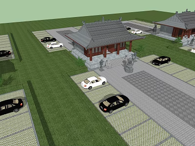 Traditional Ancient Architectural Building With Parking Area Grassland And Cars Around Entrance 3d model