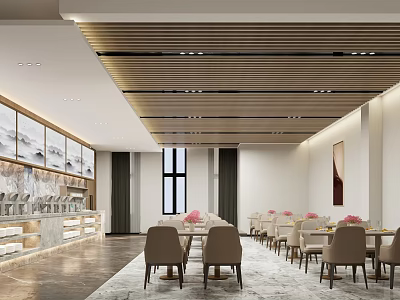 Modern Restaurant Interior With Wooden Ceiling Dining Tables And Wall Decorations 3d model