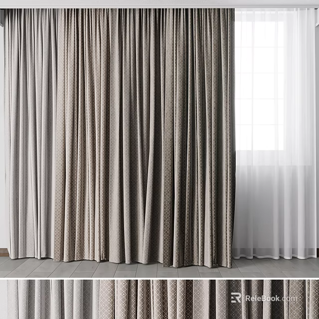 Soft Draped Curtains In Neutral Gray Beige Fabric With Sheer White Window Layers 3d model
