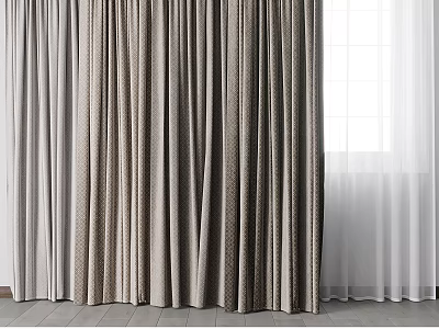Soft Draped Curtains In Neutral Gray Beige Fabric With Sheer White Window Layers 3d model