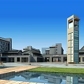 Aerial View Of School Building Complex With Green Lawns Water Features And Sports Field