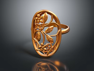 Gold Filigree Ring With Oval Shape Intricate Leaf And Flower Patterns Elegant Fashion Accessory 3d model