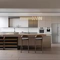 Modern Kitchen Interior Design With Island Counter Bar Stools Cabinets Appliances And Hanging Lights