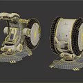 Two Futuristic Equipment Units With Large Wheels White Body Gray Base And Yellow Warning Stripes