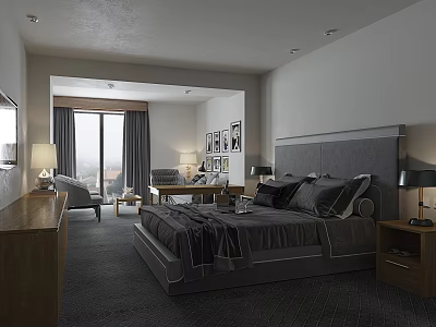Modern Hotel Room Interior With Gray Bed Nightstand Lamp And Window Curtains 3d model