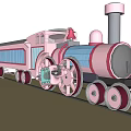 Cute Pink And Blue Steam Train With Large Wheels And Carriages On Railway Track