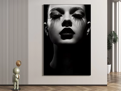 Black and White Woman Portrait Painting with Long Eyelashes Dark Lips on Indoor Wall 3d model