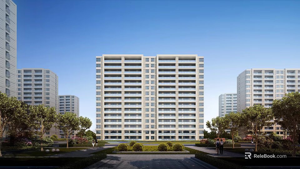 Modern High rise Residential Building Exterior With Green Lawns Trees And Clear Blue Sky 3d model 