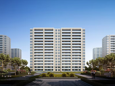 Modern High rise Residential Building Exterior With Green Lawns Trees And Clear Blue Sky 3d model