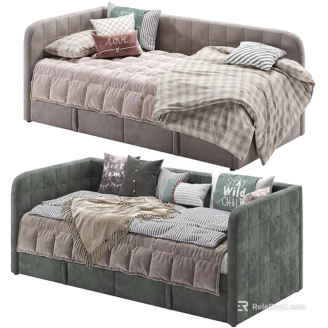 Cozy Modern Neutral And Green Couch Interior With Patterned Pillows And Soft Blankets 3d model 