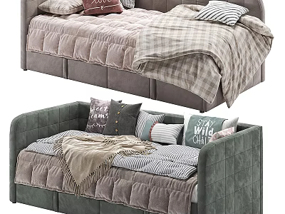 Cozy Modern Neutral And Green Couch Interior With Patterned Pillows And Soft Blankets 3d model