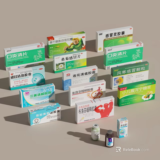 Comprehensive Medical Devices Display With Assorted Medicine Boxes And Bottles 3d model 