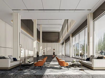 Modern Hotel Lobby With Spacious Layout Comfortable Sofas And Floor to Ceiling Windows 3d model