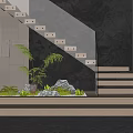 Modern Interior Staircase With Wooden Steps Black Textured Wall Plants And Decorative Rocks