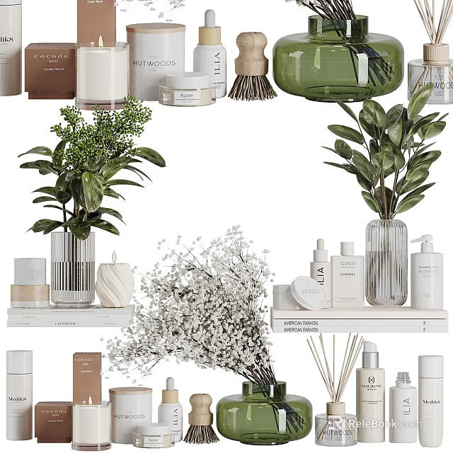 Dishwashing Liquid Bottles Skincare Items Natural Candles and Potted Plants on Shelves 3d model 