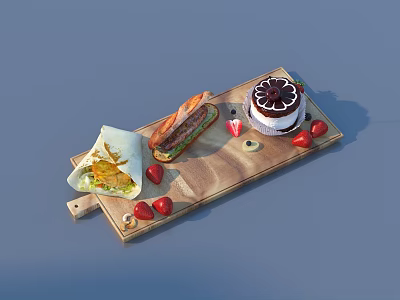 Delicious Food Platter With Wrap Sandwich Chocolate Cake And Strawberries On Wooden Tray 3d model