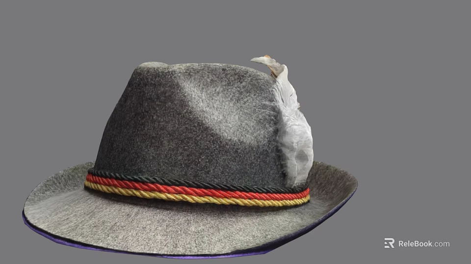 Gray Woolen Hat With Red Yellow Black Braided Band And Feather Accent 3d model 