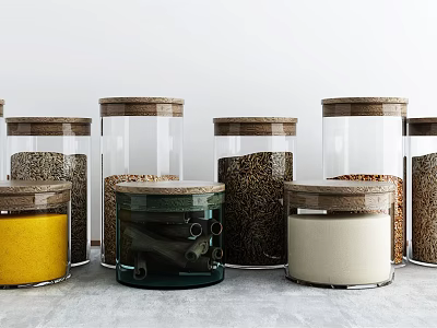 Transparent Glass Spice Jars with Wooden Lids for Kitchen Countertop Storage of Various Spices 3d model