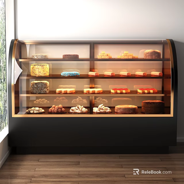 Dessert Shop Glass Display Case with Fresh Cakes Pastries and Sweet Treats 3d model 