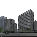 Modern Office Building with Glass Curtain Walls Urban Landscape Trees and Road Vehicles