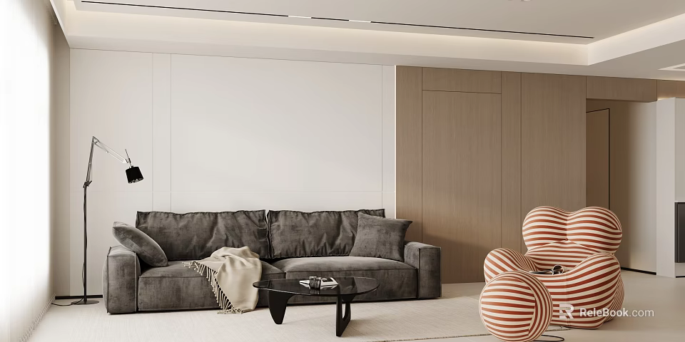 Modern Living Room Interior With Grey Sofa Black Coffee Table And Red White Striped Armchair 3d model 