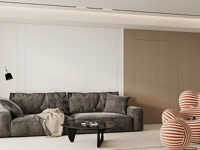 Modern Living Room Interior With Grey Sofa Black Coffee Table And Red White Striped Armchair 3d model
