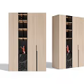 Modern Double Light Wood Wardrobe With Black Accents Shelves And Red Decor