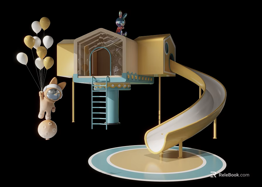 Colorful Children's Playhouse Structure With Slide Balloons And Hanging Doll 3d model 