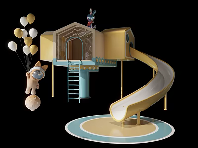 Colorful Children's Playhouse Structure With Slide Balloons And Hanging Doll 3d model