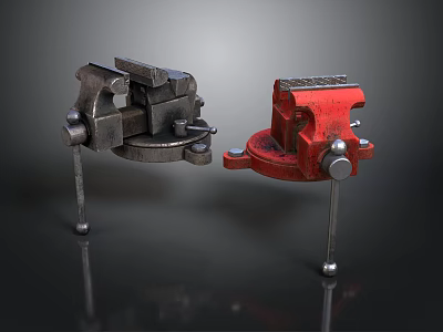 Two Black and Red Metal Bench Vices With Fixed Base Adjustable Jaws On Reflective Surface 3d model