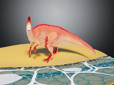 Pink Red Dinosaur with Red Crest Standing on Yellow Surface Near Blue Textured Ground 3d model