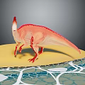 Pink Red Dinosaur with Red Crest Standing on Yellow Surface Near Blue Textured Ground