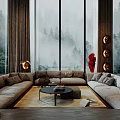 Luxury Modern Sofa and Coffee Table Set with Large Windows Forest View and Red Sculpture