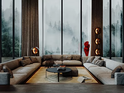 Luxury Modern Sofa and Coffee Table Set with Large Windows Forest View and Red Sculpture 3d model