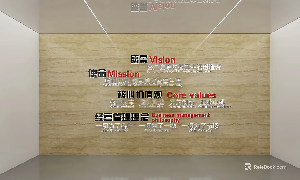 Company Wall Display Featuring Vision Mission Core Values And Business Management Philosophy 3d model 