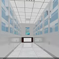 Archive Room Corridor With Glass Door Cabinets Blue Folders And White Tiled Floor