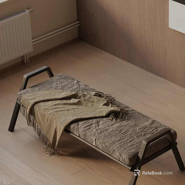 Indoor Sofa Bench With Black Metal Frame Woven Cushion And Blanket On Wooden Floor 3d model 