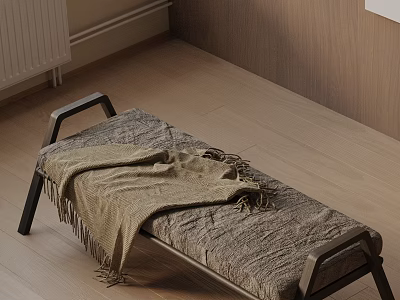 Indoor Sofa Bench With Black Metal Frame Woven Cushion And Blanket On Wooden Floor 3d model