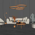 Modern White Sofa And Coffee Table Set With Floor Lamp Hanging Lights And Sculpture 3d model