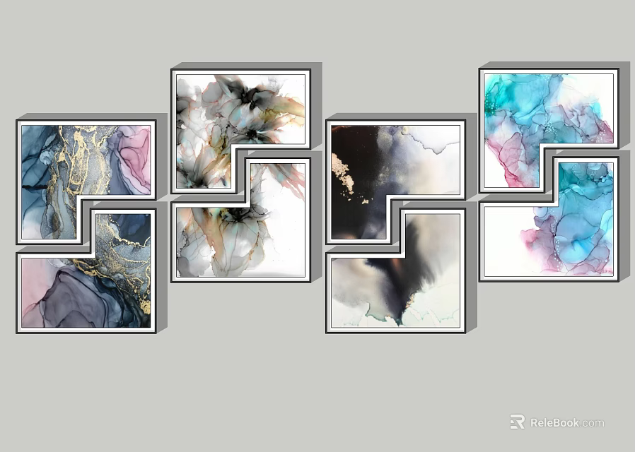 Abstract Paintings With Gold Black Blue Pink Hues In Framed Collage For Home Wall Decor 3d model 