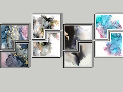 Abstract Paintings With Gold Black Blue Pink Hues In Framed Collage For Home Wall Decor 3d model
