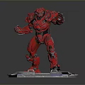 Red Mechanical Creature Character In Dynamic Stance On Hexagonal Platform Base