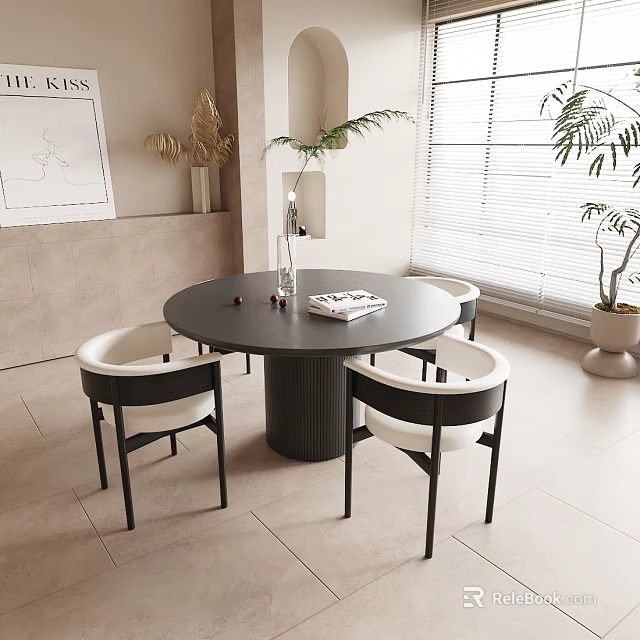 Modern Round Dining Table Set with Black and White Chairs and Indoor Plants 3d model 