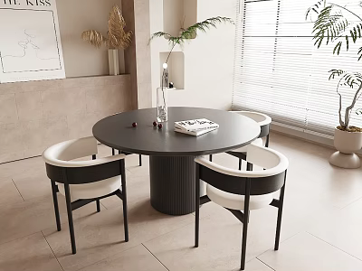 Modern Round Dining Table Set with Black and White Chairs and Indoor Plants 3d model