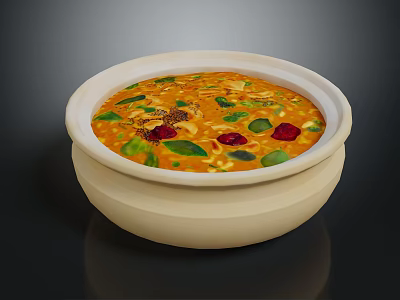Fresh Orange Creamy Soup Topped With Green Herbs And Red Pieces In Ceramic Bowl 3d model