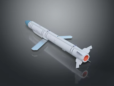 White Military Missile With Blue Nose Cone And Tail Fins On Shiny Surface 3d model